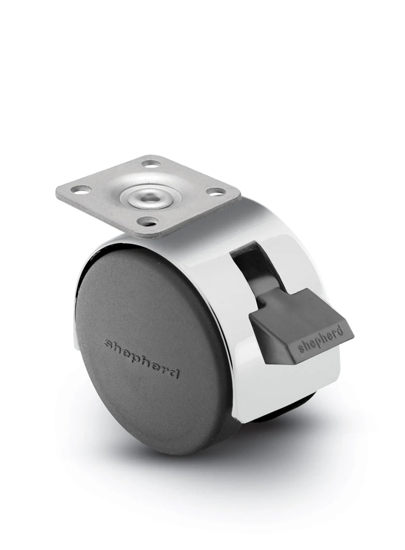 Pacer Hooded Plate Caster with Brake | 1-1/2" x 1-1/2" Top Plate | Bright Chrome Hooded Design shepherd