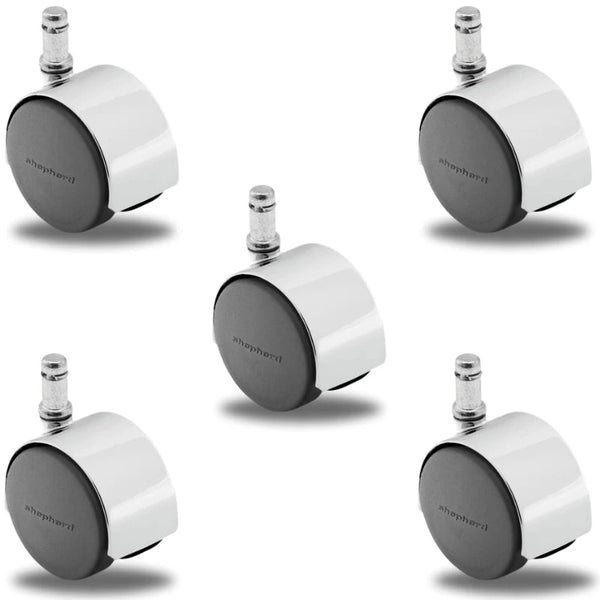 Pacer Hooded Chair Caster Set of 5 - Bright Chrome - 50mm Diameter - 7/16" x 7/8" Grip Ring Stem - 375 lbs Capacity Per Set - Nylon Wheels shepherd