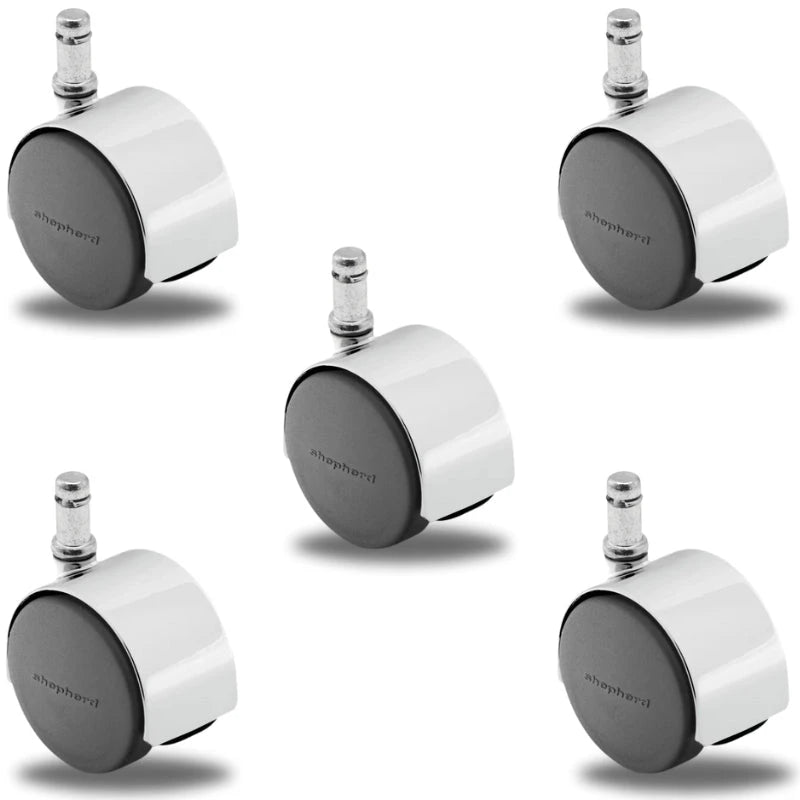 Pacer Hooded Chair Caster Set of 5 - Bright Chrome - 50mm Diameter - 7/16" x 7/8" Grip Ring Stem - 375 lbs Capacity Per Set - Nylon Wheels shepherd
