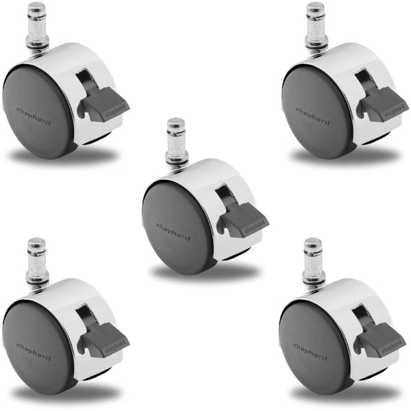 Pacer Hooded Locking Chair Caster Set of 5 - Bright Chrome - 50mm Diameter - 7/16" x 7/8" Grip Ring Stem - 375 lbs Capacity Per Set - Nylon Wheels shepherd