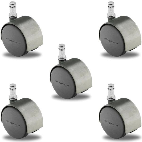 Pacer Hooded Chair Caster Set of 5 - 50mm Diameter - 7/16" x 7/8" Grip Ring Stem - 375 lbs Capacity Per Set - Nylon Wheels shepherd