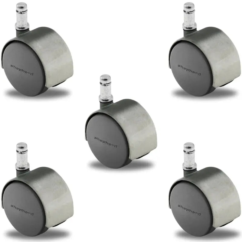 Set of 5 Pacer Hooded Chair Casters, 50mm Diameter, 7/16" x 7/8" Grip Ring Stem, 375 lbs Capacity, Nylon Wheels, Satin Chrome Finish, Made in USA, Suitable for Carpet and Rugs, Not for Hardwood without Chair Mat.