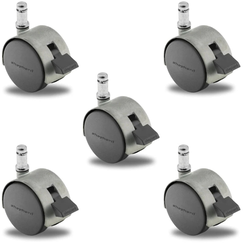 Pacer Hooded Locking Chair Caster Set of 5 - 50mm Diameter - 7/16" x 7/8" Grip Ring Stem - 375 lbs Capacity Per Set - Nylon Wheels shepherd