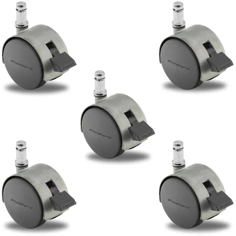 Set of 5 Pacer Hooded Locking  Chair Casters, 50mm Diameter, 7/16" x 7/8" Grip Ring Stem, 375 lbs Capacity, Nylon Wheels, Satin Chrome Finish, Made in USA, Suitable for Carpet and Rugs, Not for Hardwood without Chair Mat.