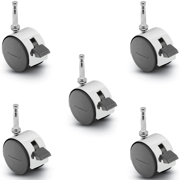 Pacer Hooded Caster - Set of 5 Locking Bright Chrome 50mm Diameter Locking Caster | 5/16" x 1-1/2" Grip Neck Stem | 300 lbs load Capacity per set of 5 shepherd