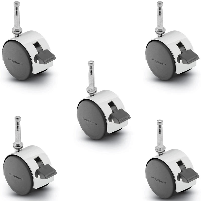 Pacer Hooded Caster - Set of 5 Locking Bright Chrome 50mm Diameter Locking Caster | 5/16" x 1-1/2" Grip Neck Stem | 300 lbs load Capacity per set of 5 shepherd