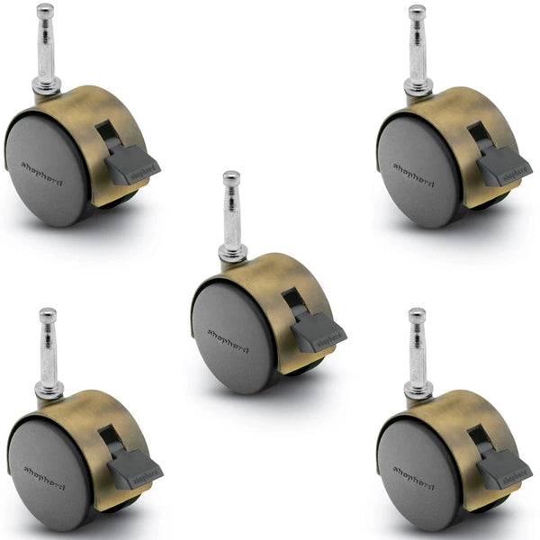 Pacer Hooded Caster - Set of 5 Locking Windsor Antique Plate 50mm Diameter | 5/16" x 1-1/2" Grip Neck Stem | 75 lbs load Capacity shepherd