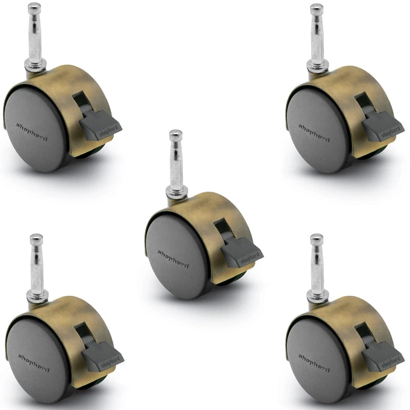 Pacer Hooded Caster - Set of 5 Locking Windsor Antique Plate 50mm Diameter | 5/16" x 1-1/2" Grip Neck Stem | 75 lbs load Capacity shepherd