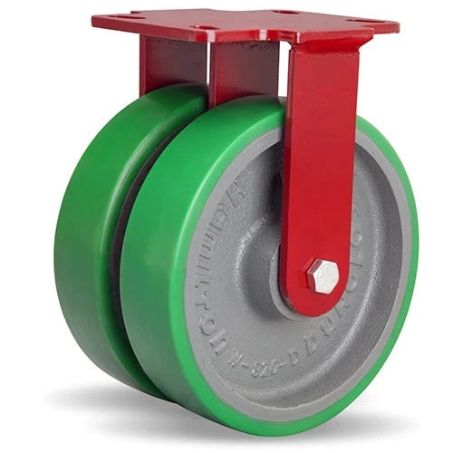 Hamilton Heavy Service Dual-Wheel Rigid Caster with 8" x 2" Duralast® Polyurethane (95A) on Cast Iron Wheels with 1/2" Sealed Precision Ball Bearings - 2,700 LBS Capacity CasterHQ