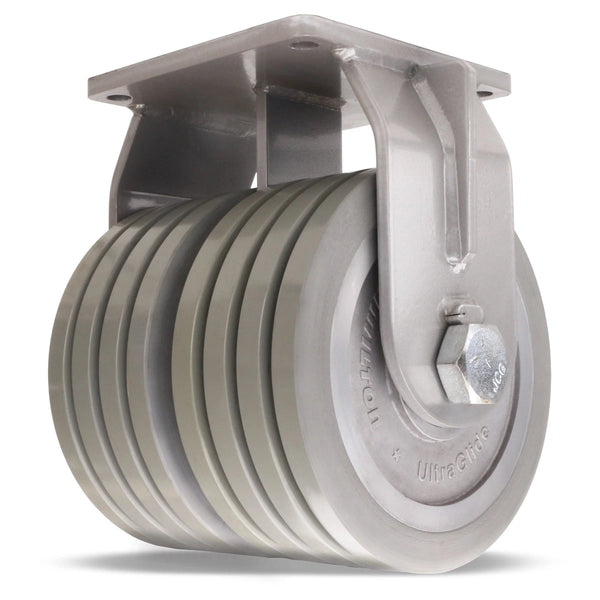 6" x 4" wheel Hamilton Maxi-Duty Dual-Wheel Rigid Caster with 6" x 4" UltraGlide(95A) Quad-Wheel Grey Tread on Aluminum Core with 1 1/4" Sealed Precision Ball Bearings Hamilton