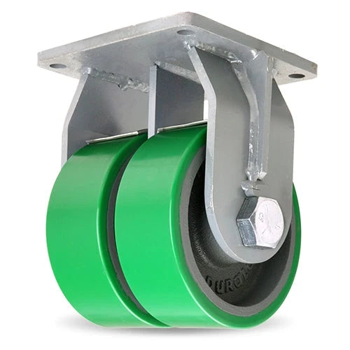 Hamilton Maxi-Duty Dual-Wheel Rigid Caster with 8" x 3" Duralast Polyurethane (95A) on Cast Iron Wheel with 1 1/4" Straight Roller Bearing Hamilton