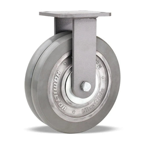 Hamilton Workhorse Rigid Caster with 8" x 2" UltraGlide (95A) Twin Wheel Grey Tread on Aluminum Core with 3/4" Sealed Precision Ball Bearings Hamilton