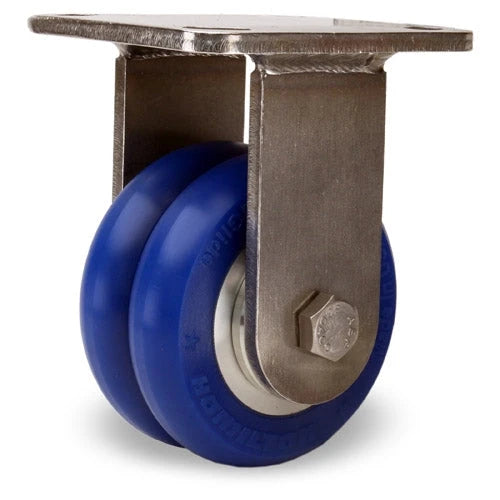 Hamilton Workhorse Rigid Caster - 4"x2" UltraGlide Twin Wheel, 720 lbs Load Capacity, Stainless Steel with Blue Tread & Aluminum Core, 3/4" Precision Bearings Hamilton
