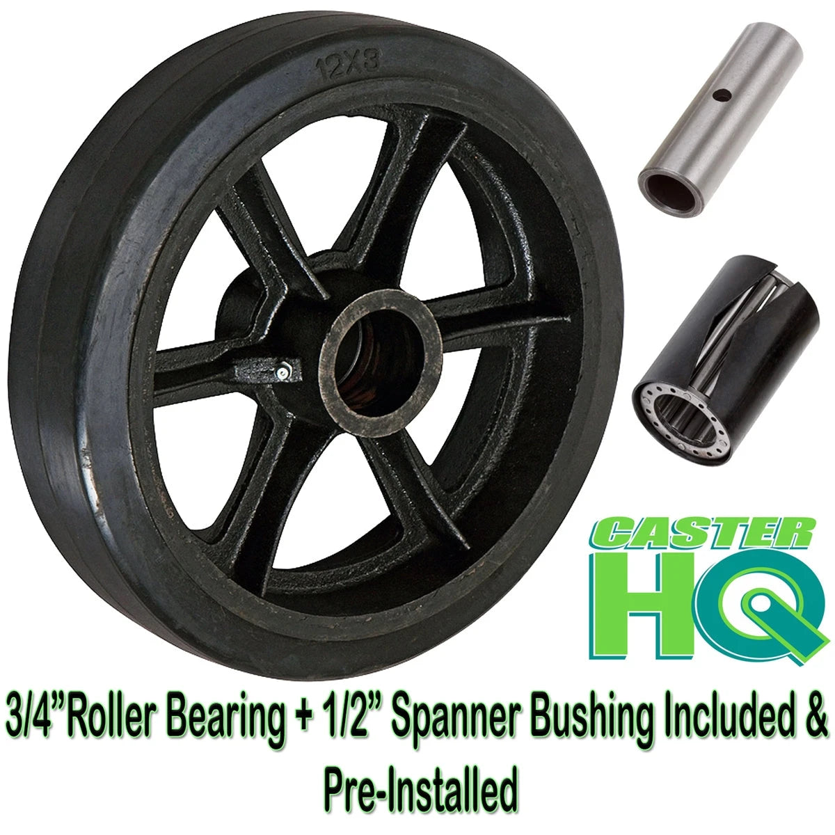 12 Inch x 2-1/2 Inch Rubber on Cast Iron Wheel - 1200 lbs Capacity | Heavy Duty Replacement Wheel CasterHQ