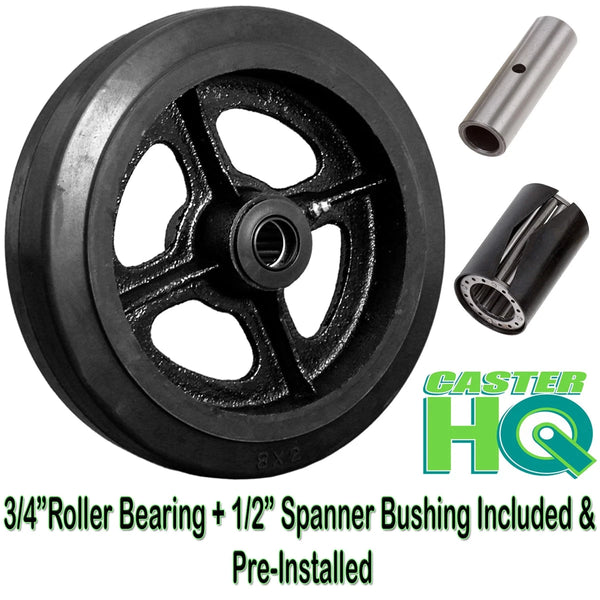 8" x 2-1/2" Rubber on Cast Iron Wheel - 850 lbs cap. CasterHQ