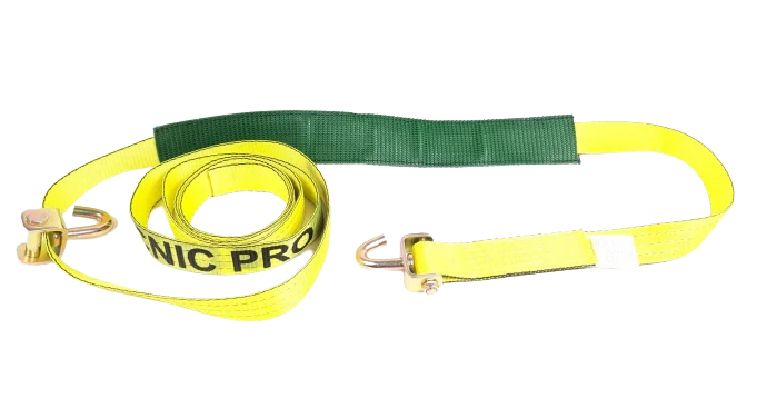 2" x 14' Yellow TECNIC Webbing Strap with Swivel J-Hooks, Low Profile Sleeve, 3,333 lbs WLL, Part S-2X14SJLPS-YLTEC CasterHQ
