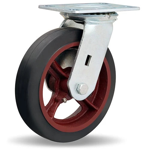Vanguard Swivel Caster with 8" x 2" Mold-On Rubber (70A) on Cast Iron Wheel with 3/4" Straight Roller Bearing Hamilton