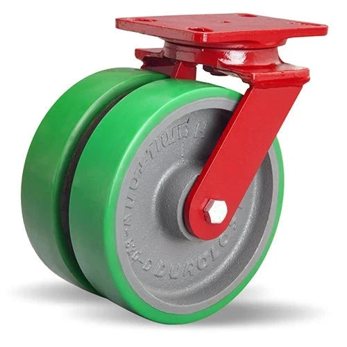 Hamilton Heavy Service Dual-Wheel Swivel Caster with 8" x 2" Duralast® Polyurethane (95A) on Cast Iron Wheels with 1/2" Sealed Precision Ball Bearings - 2,700 LBS Capacity CasterHQ
