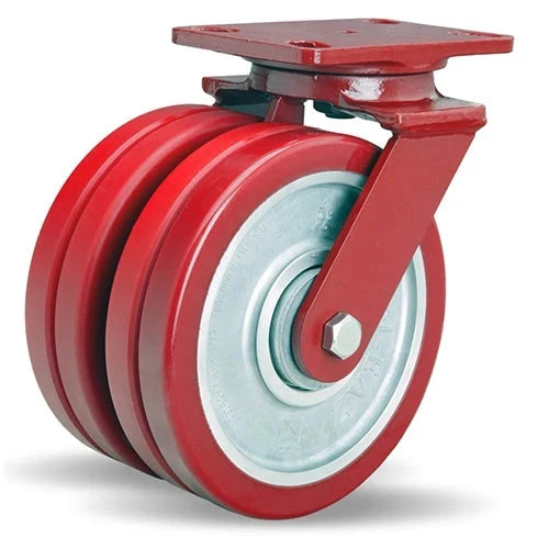 Hamilton Heavy Service Dual-Wheel Swivel Caster with 8" x 2" Swivel-EAZ® Polyurethane on Aluminum Core Twin Wheels with 1/2" Sealed Precision Ball Bearings - 3,000 LBS Capacity CasterHQ
