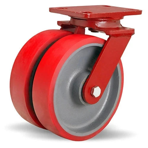 Hamilton Heavy Service Dual-Wheel Swivel Caster with 8" x 2" Ultralast™ Premium Polyurethane (95A) on Cast Iron Wheels with 1/2" Sealed Precision Ball Bearings - 2,700 lbs Capacity CasterHQ