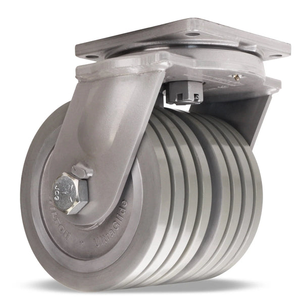 6" x 4" wheel Hamilton Maxi-Duty Dual-Wheel Swivel Caster with 6" x 4" UltraGlide(95A) Quad-Wheel Grey Tread on Aluminum Core with 1 1/4" Sealed Precision Ball Bearings Hamilton