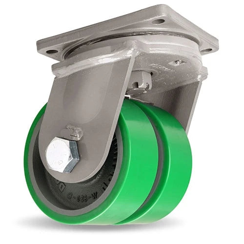 Hamilton Maxi-Duty Dual-Wheel Swivel Caster with 8" x 3" Duralast Polyurethane (95A) on Cast Iron Wheel with 1 1/4" Straight Roller Bearing Hamilton