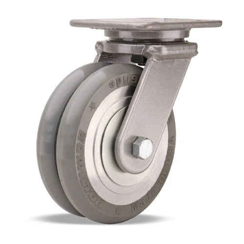Hamilton Workhorse Swivel Caster with 6" x 2" UltraGlide (95A) Twin Wheel Grey Tread on Aluminum Core with 3/4" Sealed Precision Ball Bearings Hamilton