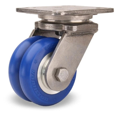 Hamilton Workhorse Swivel Caster - 4"x2" UltraGlide Twin Wheel, 720 lbs Load Capacity, Stainless Steel with Blue Tread & Aluminum Core, 3/4" Precision Bearings Hamilton