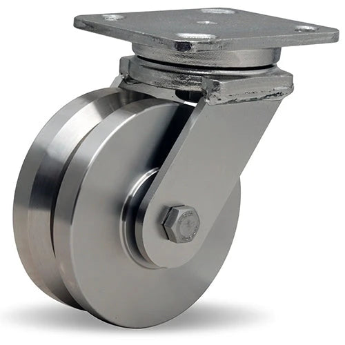 Hamilton Stainless Steel Workhorse Swivel Caster - 5" x 2" V-Grooved Wheel - 950 lbs. Load Capacity - 1/2" Double Shielded Precision Ball Bearings Hamilton