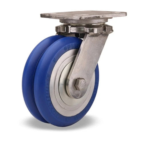 Hamilton 6" Twin Wheel Swivel Caster - 1200 lbs Load Capacity, Stainless Steel Workhorse with Blue UltraGlide Wheels & Sealed Bearings Hamilton