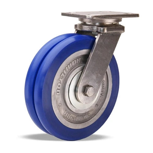 Hamilton 8" UltraGlide Twin Wheel Swivel Caster - 1520 lbs Load Capacity, 85A Blue Tread, Stainless Steel Workhorse, Aluminum Core, 3/4" Precision Bearings Hamilton