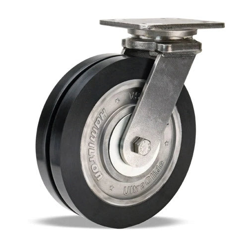 Hamilton Stainless Steel Workhorse 8" UltraGlide Twin Wheel Swivel Caster - 70D Black Tread on Aluminum Core with Precision Bearings Hamilton