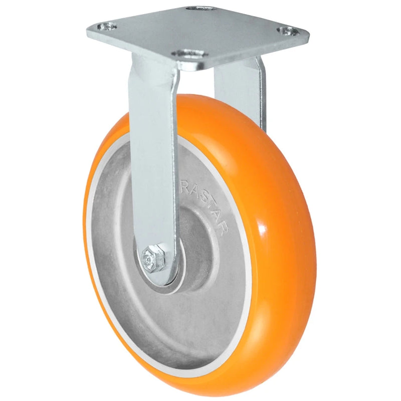 8" x 2" Stainless Rigid Caster Orange Polyurethane on Aluminum Caster - 1,250 lbs Capacity - 4" x 4-1/2" Mounting Plate CasterHQ