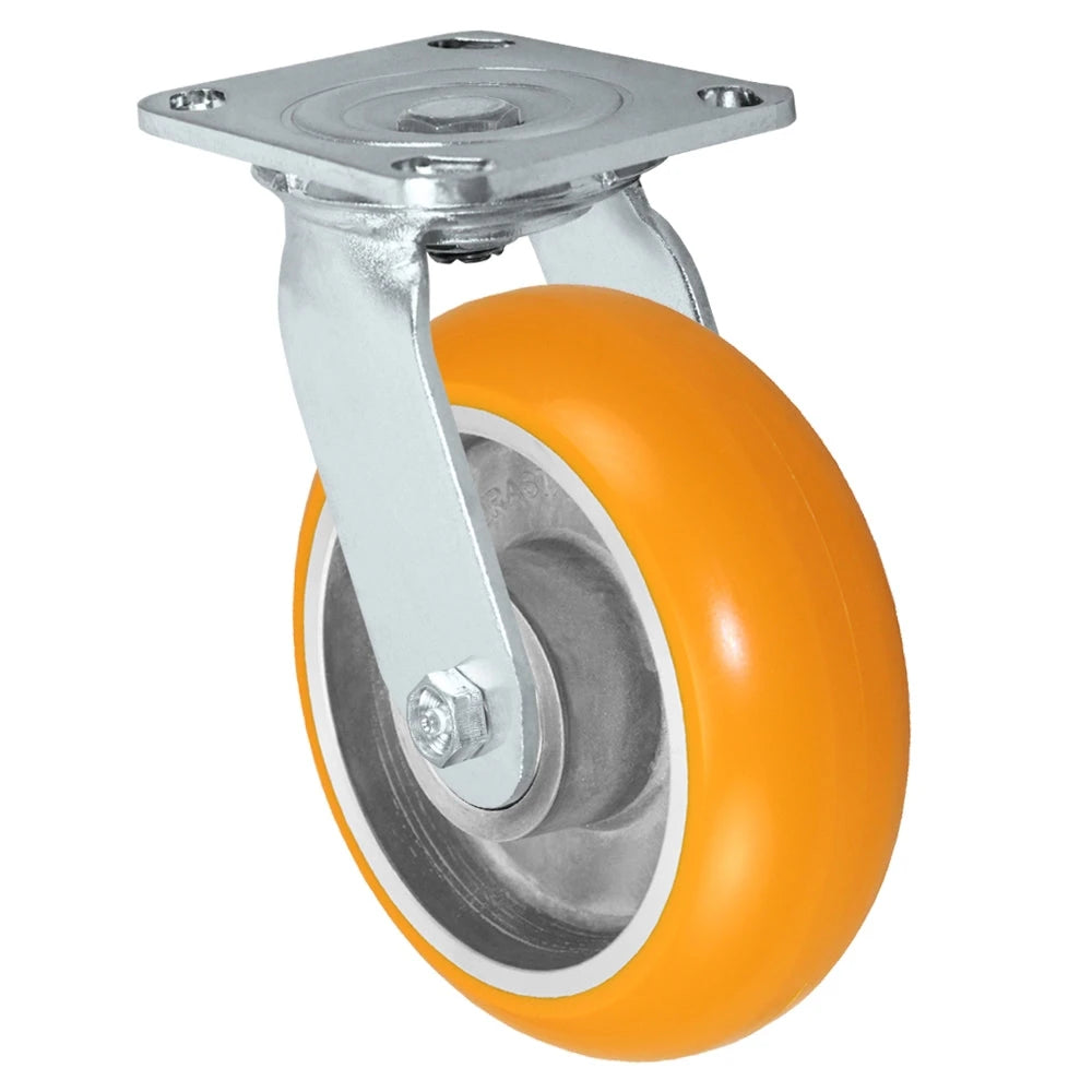 6" x 2" Stainless Swivel Caster Orange Polyurethane on Aluminum Caster - 1,250 lbs Capacity - 4" x 4-1/2" Mounting Plate CasterHQ