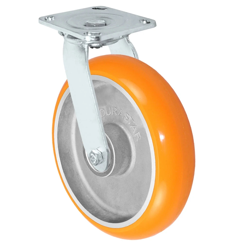 8" x 2" Stainless Swivel Caster Orange Polyurethane on Aluminum Caster - 1,250 lbs Capacity - 4" x 4-1/2" Mounting Plate CasterHQ