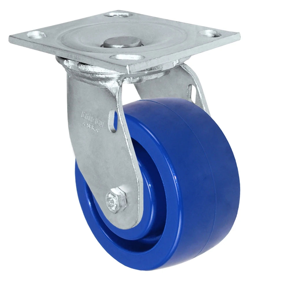 Durastar Medium Heavy Duty S34 Series - 4" x 2" Solid Blue Polyurethane Swivel Caster - 800 lb Capacity, & 4" x 4-1/2" Stainless Top Plate Durastar