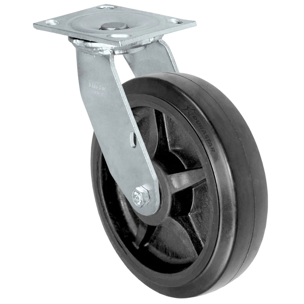 Durastar Medium Heavy Duty S34 Series - 8" x 2" Rubber on Glass-filled Nylon Swivel Caster - 600 lb Capacity, & 4" x 4-1/2" Stainless Top Plate Durastar