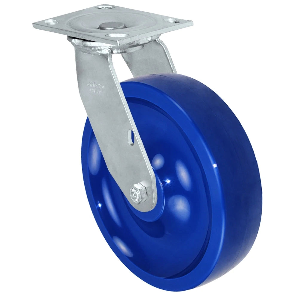 Durastar Medium Heavy Duty S34 Series - 8" x 2" Solid Blue Polyurethane Swivel Caster - 1250 lb Capacity, & 4" x 4-1/2" Stainless Top Plate Durastar