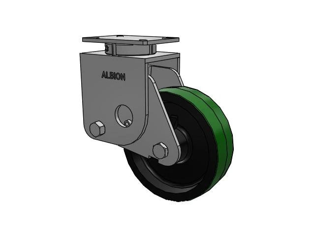 Spring-Loaded Kingpinless 10"x3" Poly-on-Iron Caster - Albion Casters SKU S410PY10509S | 3000 lb Load Capacity | 7.25"x5.25" Top Plate | 14" Mount Height | 9.88" Swivel Radius CasterHQ