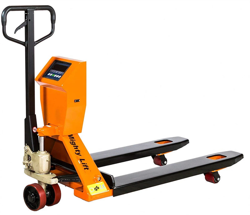 SPT50 Scale Pallet Jack | Wheels Polyurethane on Steel | 27" Width | 48" Length | 4400 lb. Load Capacity | Orange Color CasterHQ
