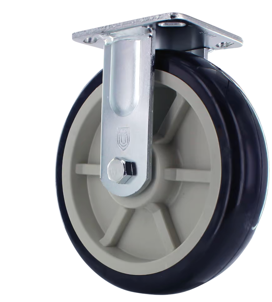 8" x 2" Rigid Plate Caster – 6" Yoke, A98 TPU Polyurethane Wheel (Blue/Tan) – 800 lb Capacity | Z42P3Z2CLPL