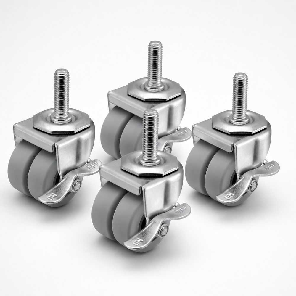 2" Dual-Wheel Stem Caster Set — 4 Pc, All Total-Lock Brake, 1/2"-13 Stem, 180 lb