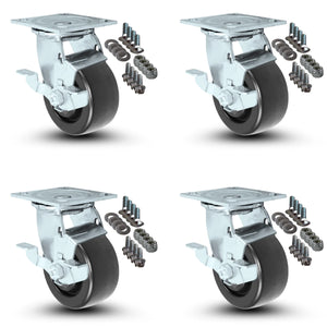 4-Piece Swivel Caster Set with Brakes and Mounting Hardware - 5" x 2" Polyolefin Wheels, 2,600 lbs Total Capacity CasterHQ