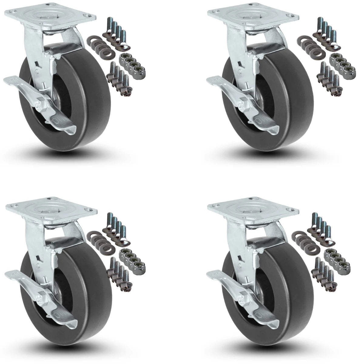 4-Piece Caster Set | 4 Swivel with Brakes with Mounting Hardware - 6" x 2" Polyolefin Wheels, 2,800 lbs Total Capacity CasterHQ