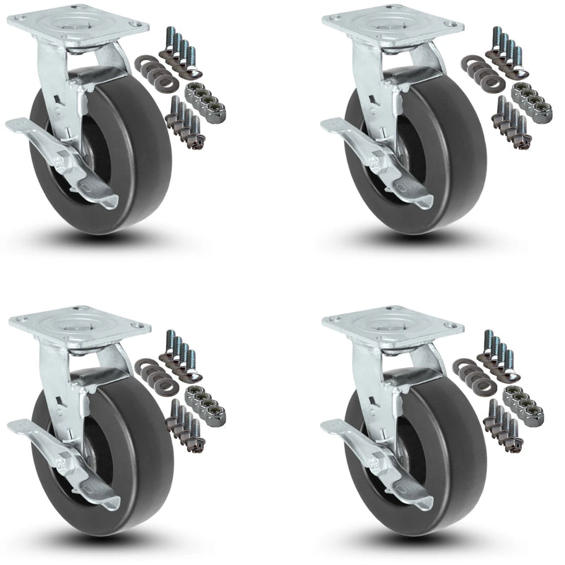4-Piece Caster Set | 4 Swivel with Brakes with Mounting Hardware - 6" x 2" Polyolefin Wheels, 2,800 lbs Total Capacity CasterHQ