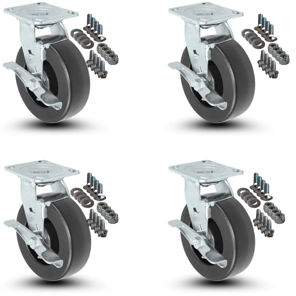4-Piece Caster Set | 4 Swivel with Brakes with Mounting Hardware - 6" x 2" Polyolefin Wheels, 2,800 lbs Total Capacity CasterHQ