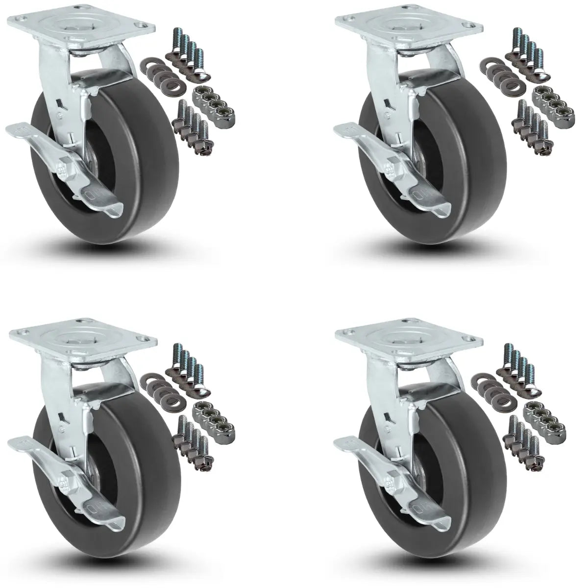 4-Piece Caster Set | 4 Swivel with Brakes with Mounting Hardware - 6" x 2" Polyolefin Wheels, 2,800 lbs Total Capacity -  | CasterHQ