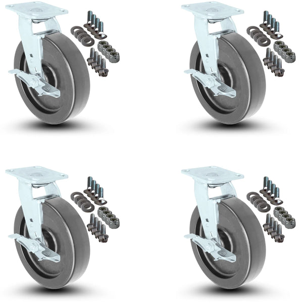 4-Piece Caster Set | 4 Swivel with Brakes with Mounting Hardware - 8" x 2" Polyolefin Wheels, 3,200 lbs Total Capacity CasterHQ