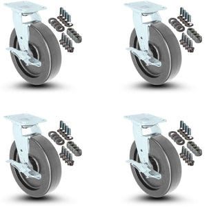 4-Piece Caster Set | 4 Swivel with Brakes with Mounting Hardware - 8" x 2" Polyolefin Wheels, 3,200 lbs Total Capacity CasterHQ