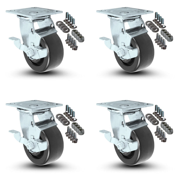 4-Piece Swivel Caster Set with Brakes and Mounting Hardware - 4" x 2" Polyolefin Wheels, 2,000 lbs Total Capacity CasterHQ